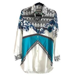 ETRO Cotton Floral Aztec Teal Blue Women’s Button Down Shirt Blouse- 44 (sz 4/6)